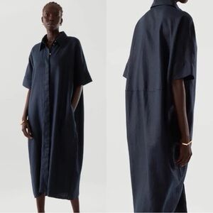 COS Relaxed Linen Navy Button Up Short Sleeve Shirt Dress